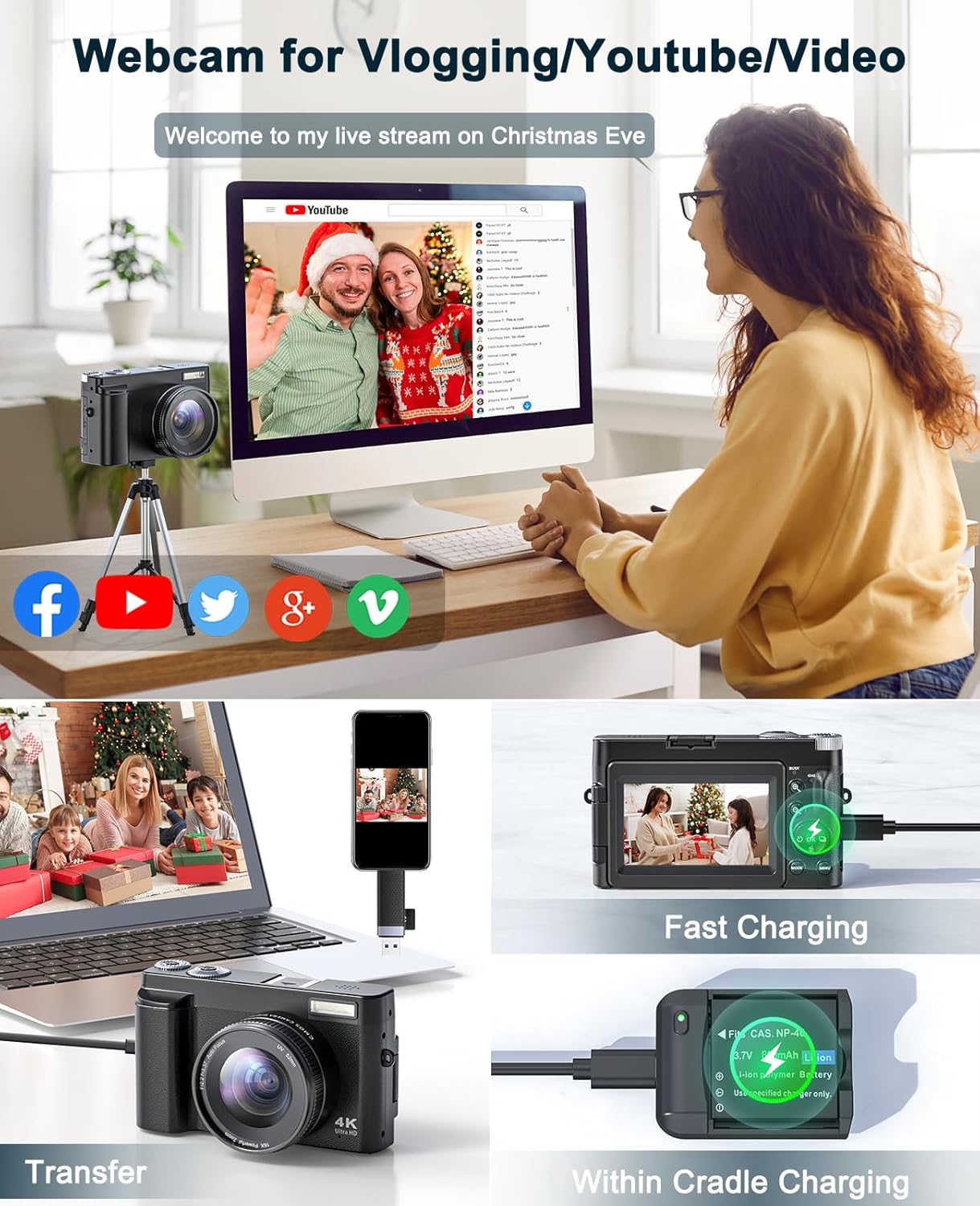 4K Digital Camera for Photography and Video, Autofocus Anti-Shake 48MP Vlogging Camera for YouTube, 3'' 180°Flip Screen Camera with Flash 16X Zoom, Digital Camera with 32GB Card Battery Charger Black - Image 5