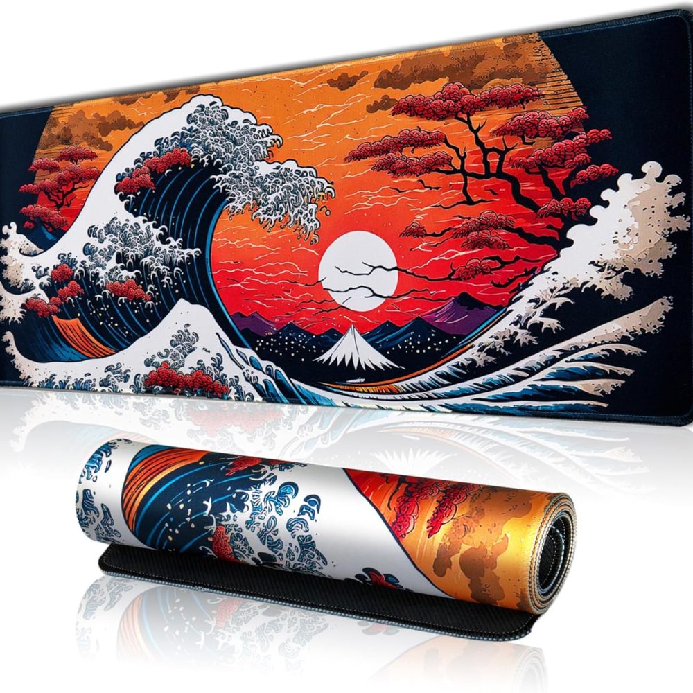 Japanese Sea Waves Large Gaming Mouse Pad for Desk, Desk Mat with Seamed Edges, Waterproof Desk Pad, Non-Slip Rubber Base, 31.5x11.8 Inch Keyboard Pad Computer Mat, Big XL Mousepad