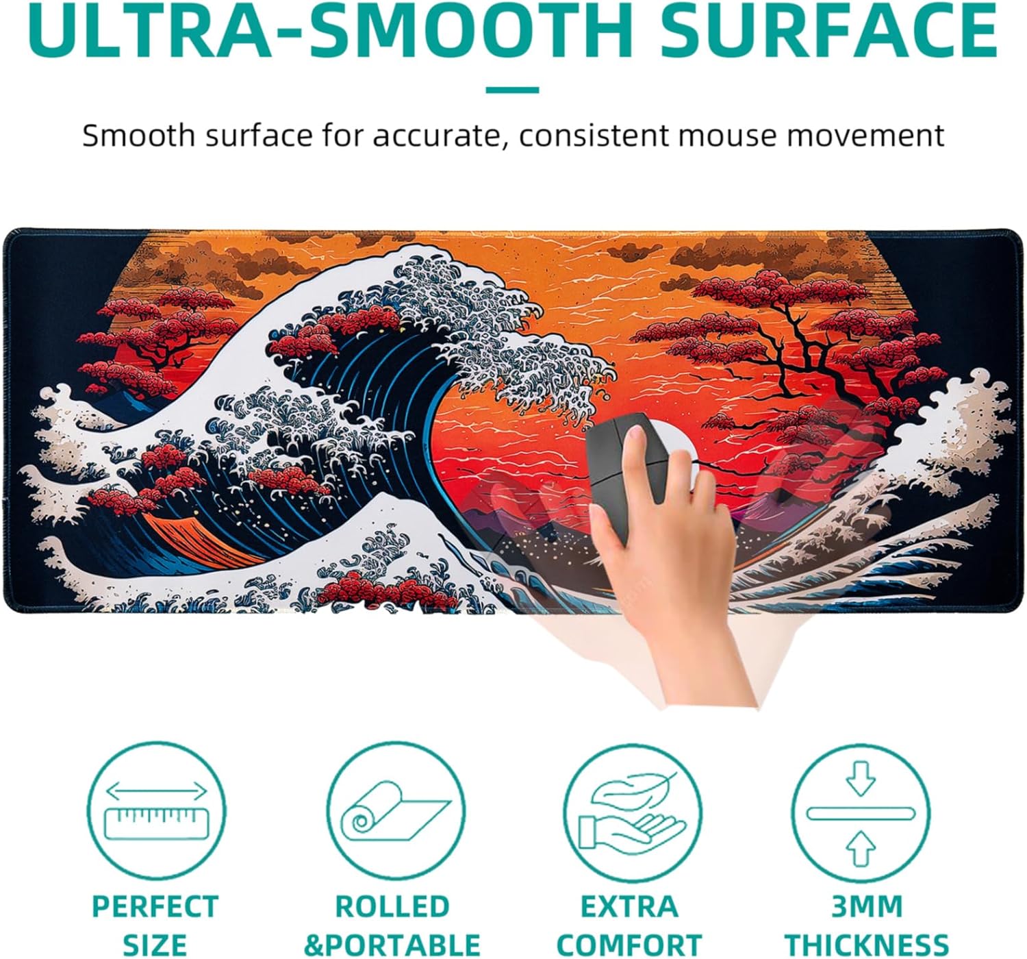 Japanese Sea Waves Large Gaming Mouse Pad for Desk, Desk Mat with Seamed Edges, Waterproof Desk Pad, Non-Slip Rubber Base, 31.5x11.8 Inch Keyboard Pad Computer Mat, Big XL Mousepad - Image 3