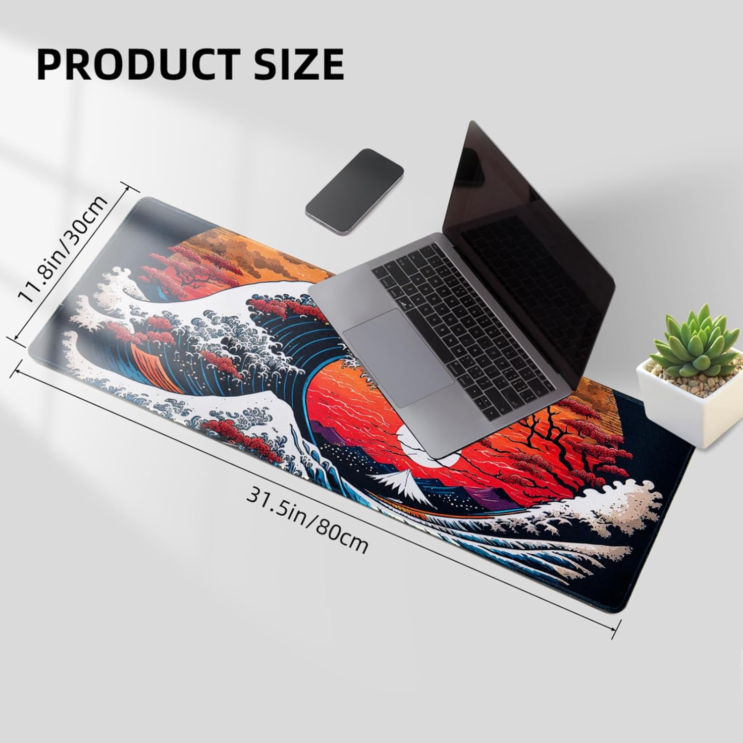 Japanese Sea Waves Large Gaming Mouse Pad for Desk, Desk Mat with Seamed Edges, Waterproof Desk Pad, Non-Slip Rubber Base, 31.5x11.8 Inch Keyboard Pad Computer Mat, Big XL Mousepad - Image 5