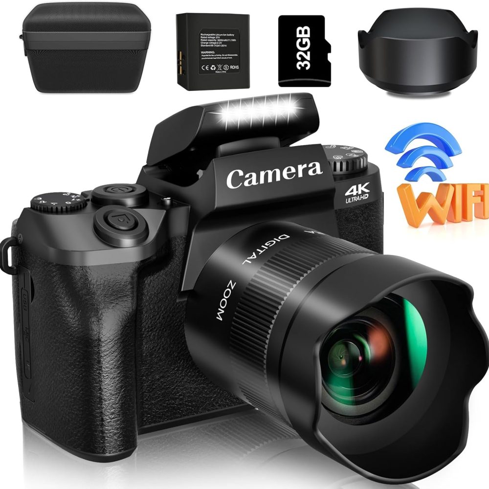 Saneen Digital Camera, 4k Cameras for Photography & Video, 64MP WiFi Touch Screen Vlogging Camera for YouTube with Flash, 32GB Card, Lens Hood, 3000mAH Battery, Front and Rear Cameras - Black