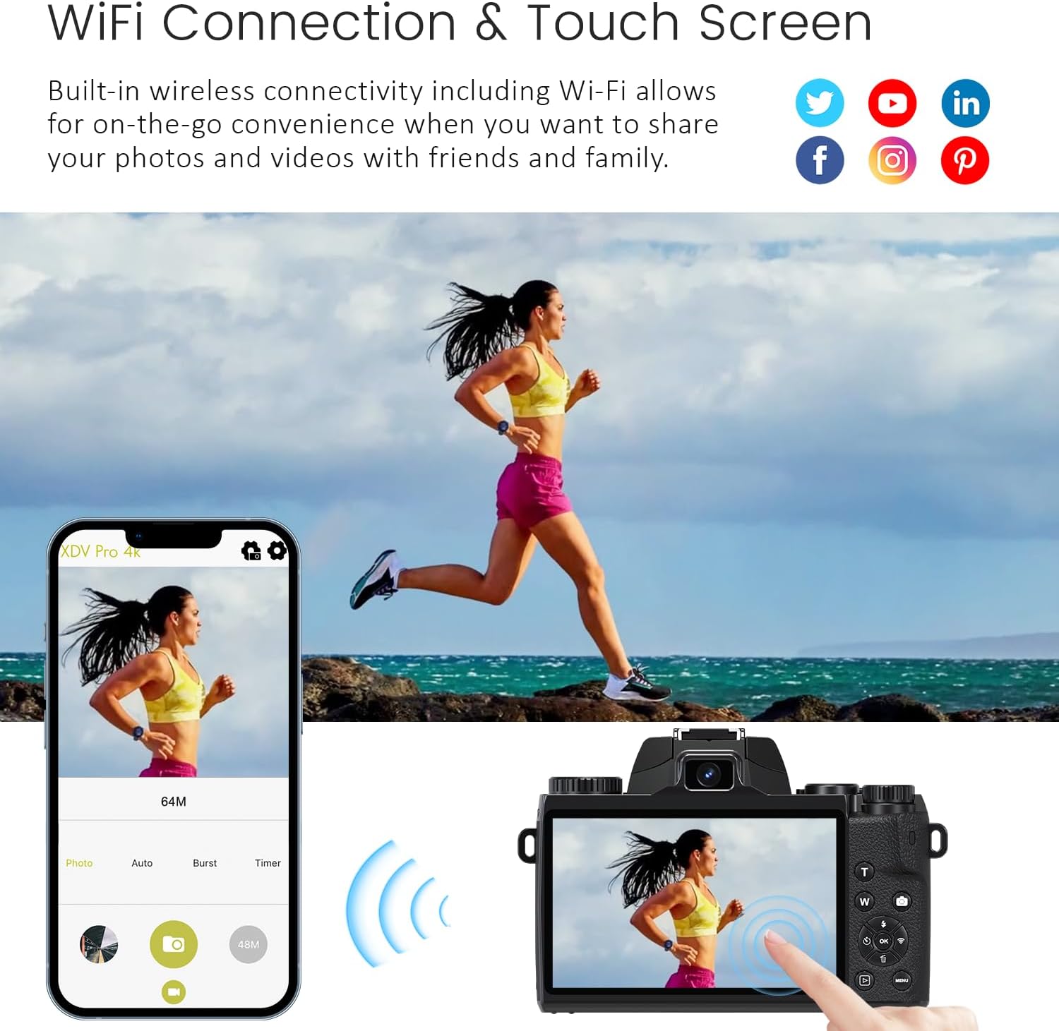 Saneen Digital Camera, 4k Cameras for Photography & Video, 64MP WiFi Touch Screen Vlogging Camera for YouTube with Flash, 32GB Card, Lens Hood, 3000mAH Battery, Front and Rear Cameras - Black - Image 4