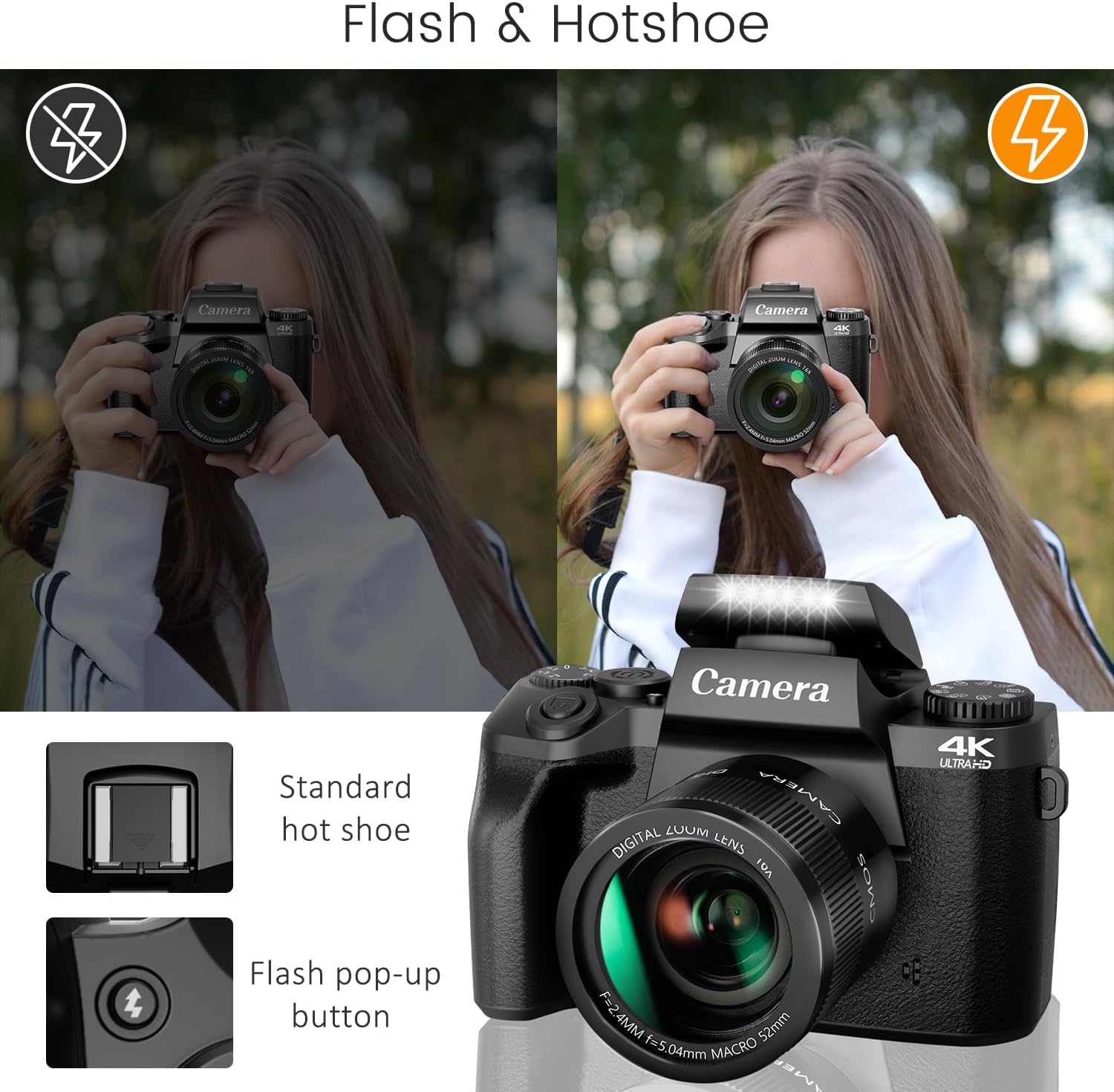 Saneen Digital Camera, 4k Cameras for Photography & Video, 64MP WiFi Touch Screen Vlogging Camera for YouTube with Flash, 32GB Card, Lens Hood, 3000mAH Battery, Front and Rear Cameras - Black - Image 5