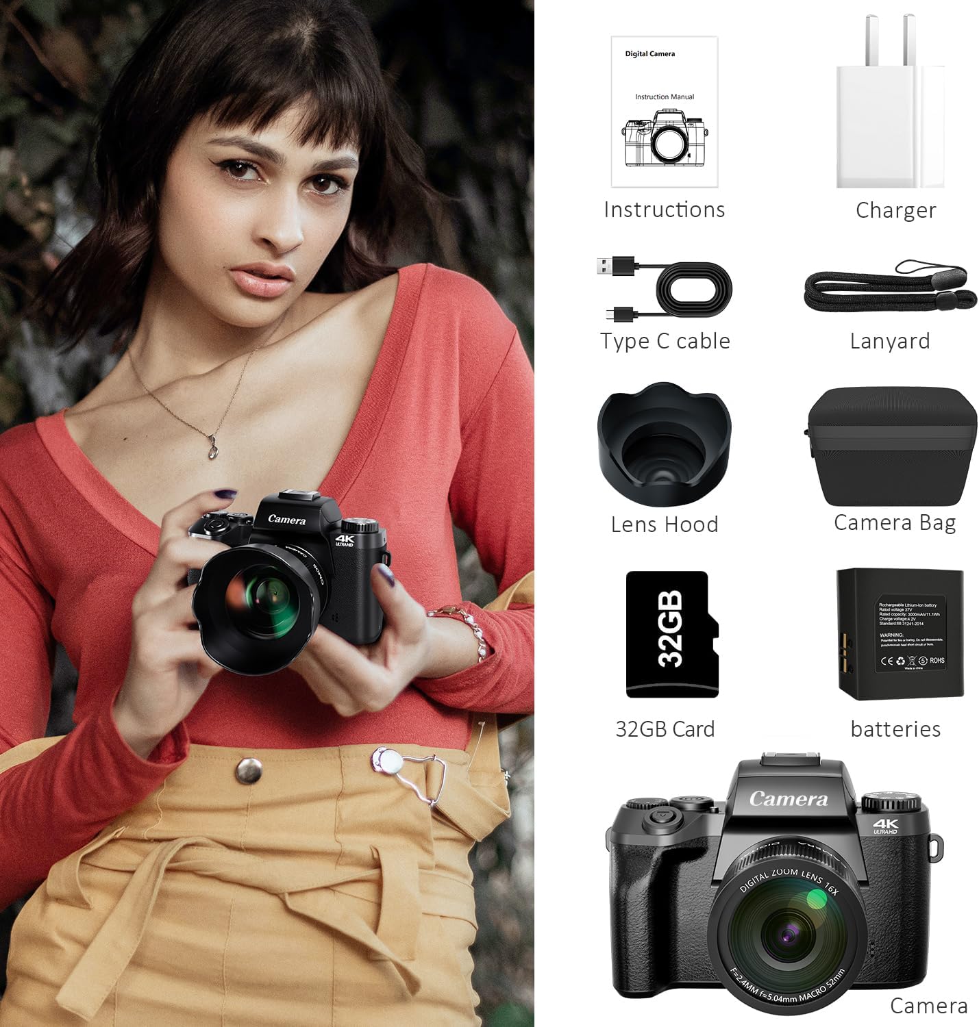 Saneen Digital Camera, 4k Cameras for Photography & Video, 64MP WiFi Touch Screen Vlogging Camera for YouTube with Flash, 32GB Card, Lens Hood, 3000mAH Battery, Front and Rear Cameras - Black - Image 9